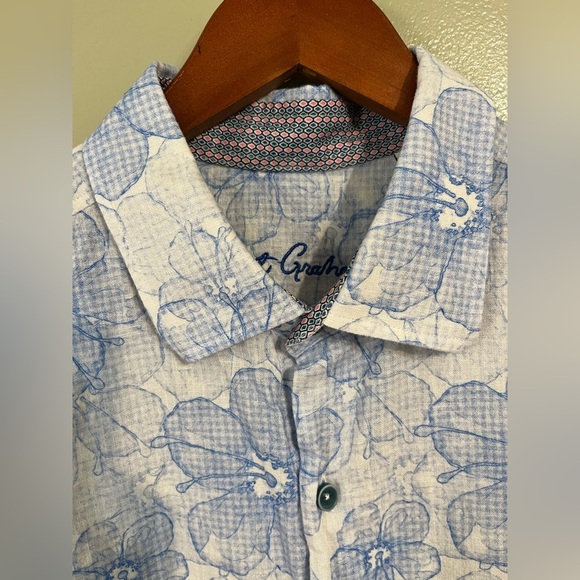 Robert Graham Men's Blue Floral Shirt Long Contrast Sleeve Linen Blend L - Picture 6 of 10
